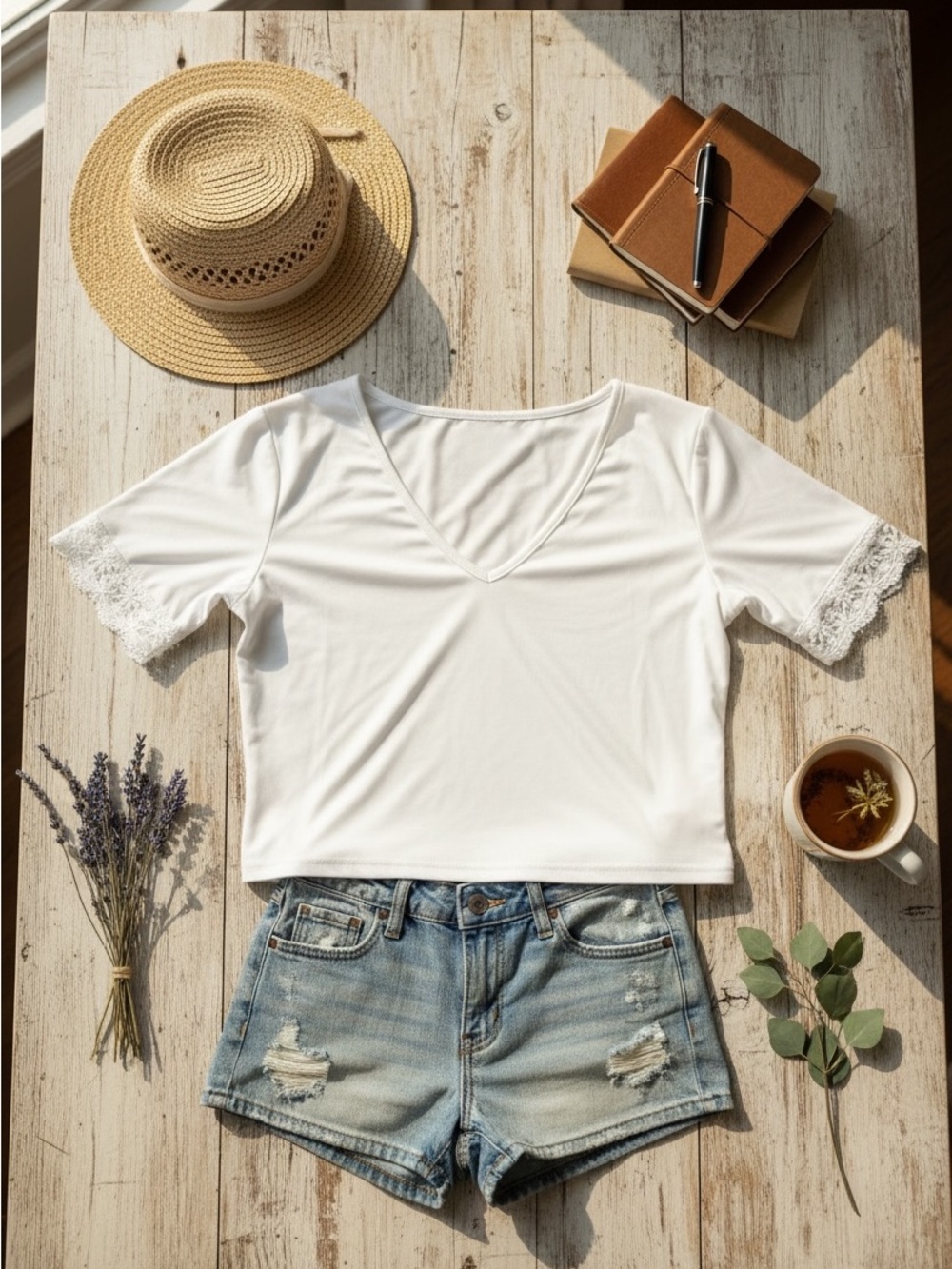 Women’s White V-Neck Lace Sleeve Top